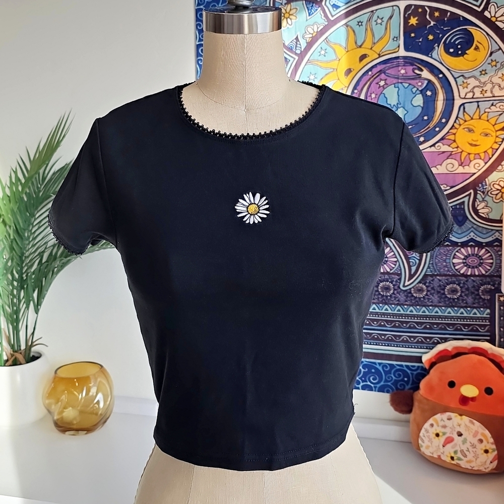 Current Mood Daisy Embroidery Killin Me Softly Baby Tee Dolls Kill Eyelet Trim